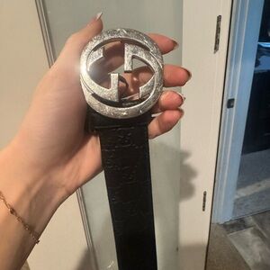 Gucci Black Leather Belt with Silver Logo Buckle